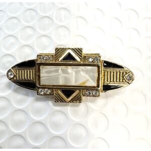Art Deco Style Gold-Tone Black Lacquer Pearl Brooch